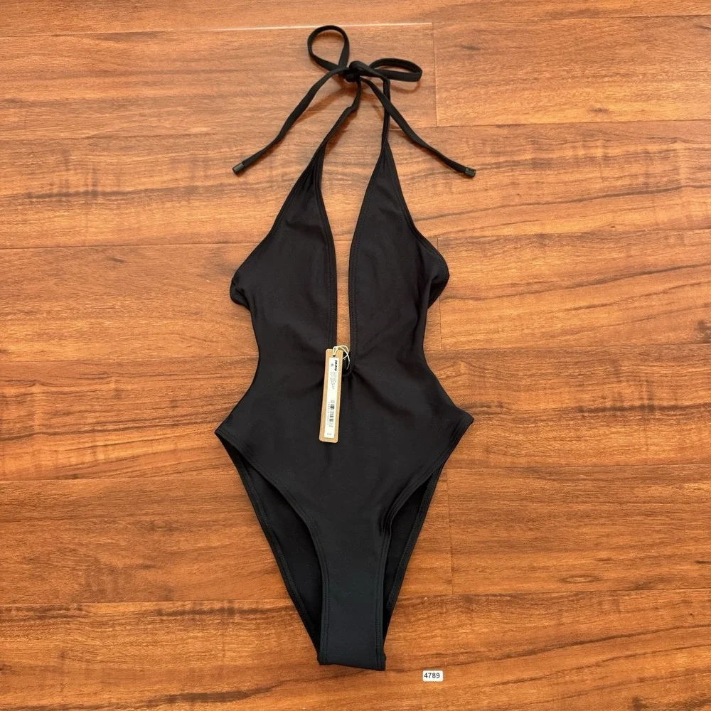 SKIMS CLASSIC SWIM DEEP PLUNGE ONE PIECE Obsidian Black Size XXS NWT $128